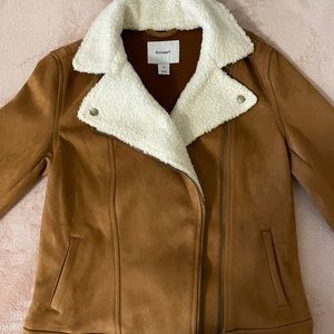 Faux Suede Shearling Biker Jacket, Brown/teddy color, size XS